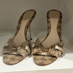 Gucci Brown/Beige Monogram Open-Toe Heels with Gold Hardware- Vintage